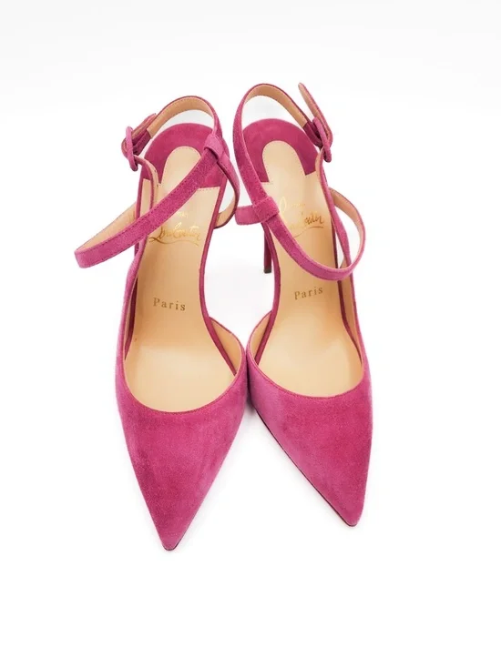 Christian Louboutin Pink Suede Slingback Cross Strap Buckle Pumps Heels EU 38 - Picture 4 of 8